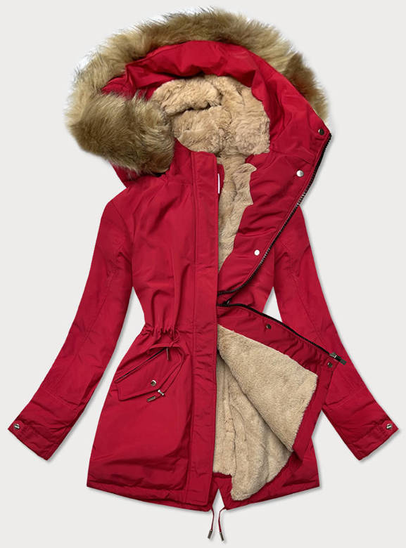 Ciepła kurtka zimowa damska czerwono-beżowa (w559)