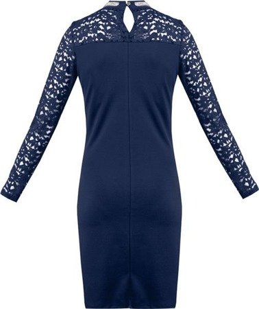 EMBELLISHED NECKLINE & LACE DETAIL DRESS NAVY BLUE (5632)
