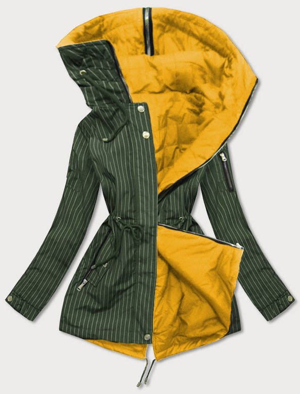 Dwustronna kurtka z kapturem w paski khaki-żółta (w659)