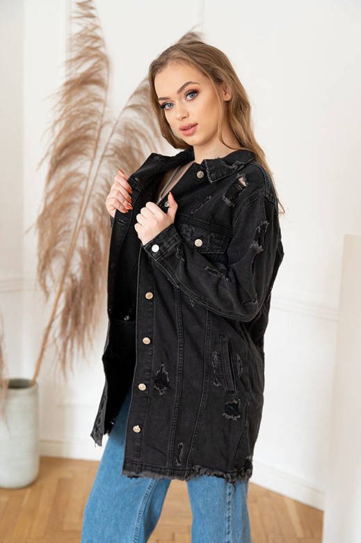 Luźna damska kurtka z przetarciami czarna (LS9033)