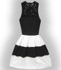 LACE NECKLINE STRIPED DRESS BLACK+WHITE (3704)